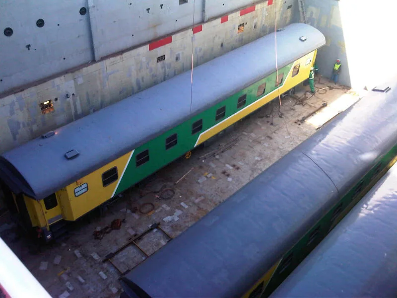 CFB Angola passenger coach stowed in ship hold — secured for voyage