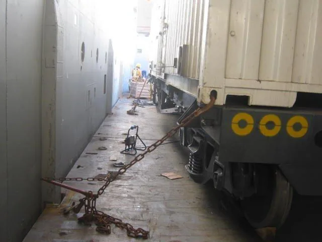 CFB Angola generator wagon secured with chain lashing in ship hold Durban