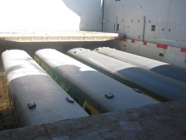 CFB Angola passenger coaches stowed and secured in ship hold for voyage