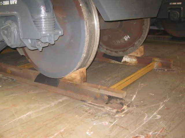 Wheel chocks fitted to rail in ship hold — securing CFB Angola rolling stock
