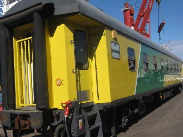 CFB314 refurbished passenger coach — port end view before shipping to Angola